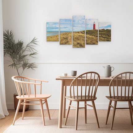 Schilderij vijfluik eetkamer vuurtoren met duinen in texel