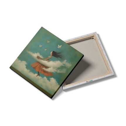 Canvas schilderij detail Meisje in een Oranje Jurk die in de Wolken Vliegt