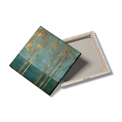 Canvas schilderij detail Drie Bomen in een Blauw en Goud Kunstwerk