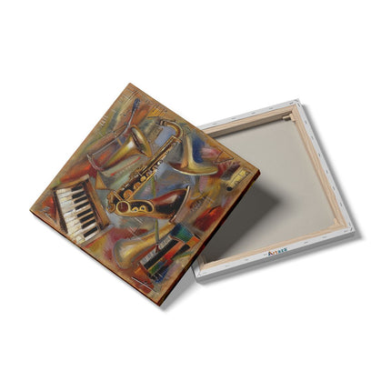 Canvas schilderij detail Saxofoons, Keyboards en andere Muziekinstrumenten