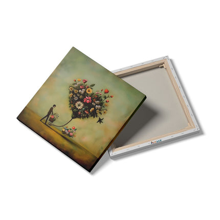 Canvas schilderij detail Man die een Kar Voortduwt met een Hartvormig Boeket Bloemen