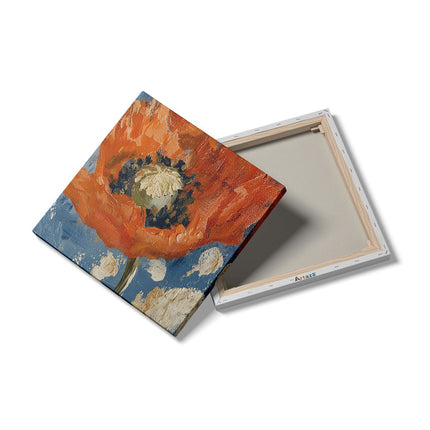 Canvas schilderij detail Oranje Papaver op een Blauwe Achtergrond