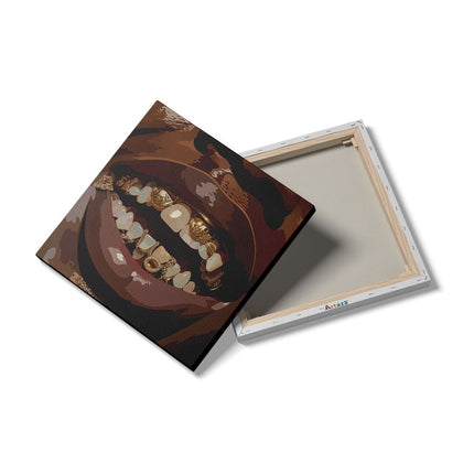 Canvas schilderij detail Man die Lacht met Gouden Beugels op zijn Tanden