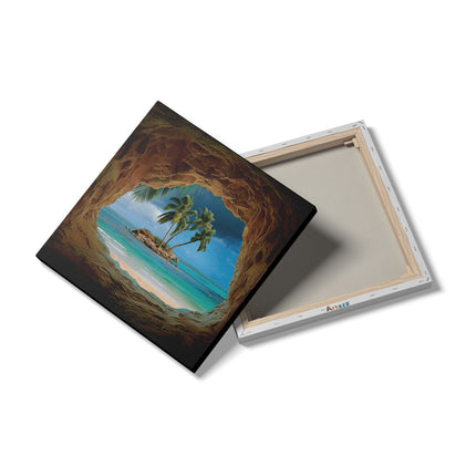 Canvas schilderij detail Grot met Uitzicht op de Oceaan en Palmbomen