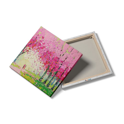 Canvas schilderij detail Kunstwerk van een Stel dat door Roze Bloeiende Bomen loopt