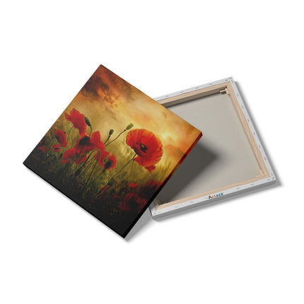 Canvas schilderij detail Rode Papavers in een Veld bij Zonsondergang