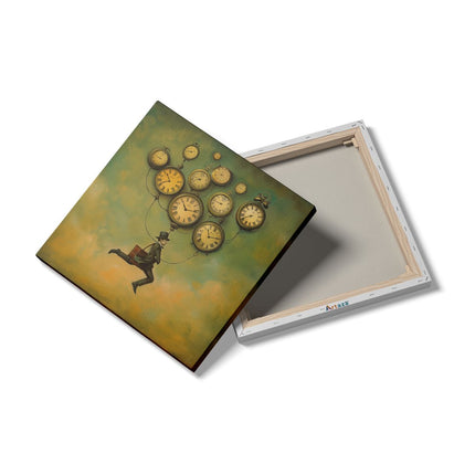 Canvas schilderij detail De Mens Vliegt door de Lucht met Klokken aan Hem Vastgemaakt