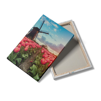 Canvas schilderij details Roze Tulpen Bloemenveld - Met Windmolen