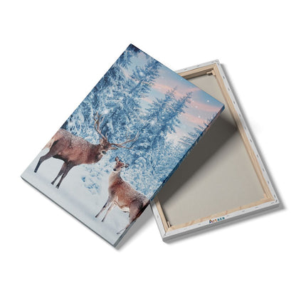 Canvas schilderij details Twee Herten In Het Bos Met Sneeuw