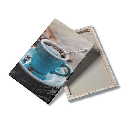 Canvas schilderij details Blauw Kopje Koffie Met Koffiebonen