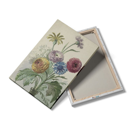 Canvas schilderij details Boeket met Bloemen in de Hals van een Groene Vaas - Willem van Leen