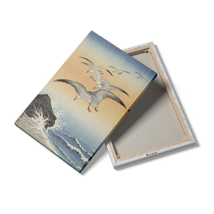Canvas schilderij details Vijf Zeemeeuwen boven Onstuimige Zee - Ohara Koson