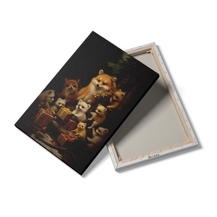 Canvas schilderij details Vossen Familie met Kerst Cadeaus - Kerstmis