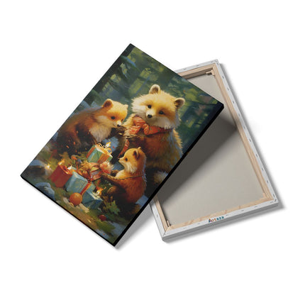 Canvas schilderij details Beren Familie met Kerstcadeaus - Kerstmis