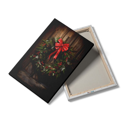 Canvas schilderij details Kerstkrans op een Houten Muur