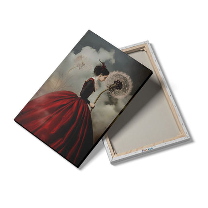 Canvas schilderij details Vrouw in een Rode Jurk met een Paardebloem