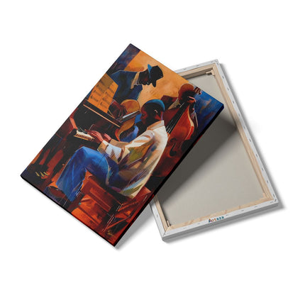 Canvas schilderij details Drie Muzikanten die Piano Spelen