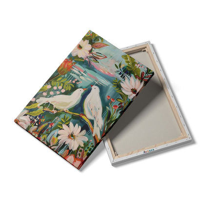 Canvas schilderij details Twee Witte Duiven Zaten op een Tak