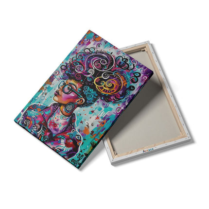 Canvas schilderij details Vrouw met een Kleurrijke Afropruik en Bril