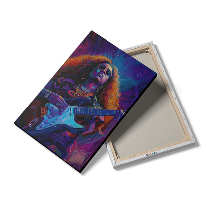 Canvas schilderij details Vrouw met Krullend haar die Gitaar Speelt