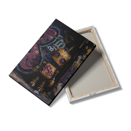 Canvas schilderij details Robot met Paarse Ogen die voor een met Graffiti Bedekte Muur Staat