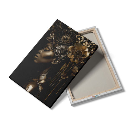 Canvas schilderij details Zwarte Vrouw met Bloemen op haar Hoofd
