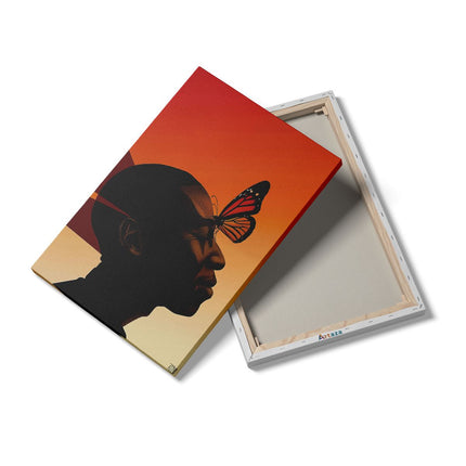 Canvas schilderij details Man met een Vlinder op zijn Hoofd
