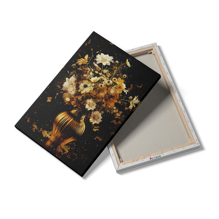 Canvas schilderij details Gouden Bloemen in een Vaas op een Zwarte Achtergrond