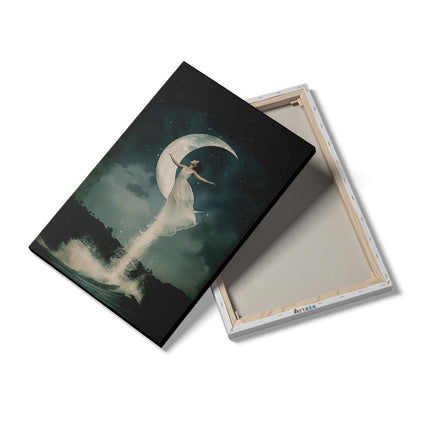Canvas schilderij details Vrouw in een Witte Jurk die over de Maan Springt