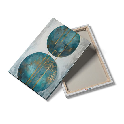 Canvas schilderij details Kunstwerk van Twee Blauwe en Gouden Cirkels op een Witte Achtergrond
