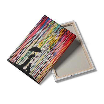 Canvas schilderij details Meisje en een Hond in de Regen met een Kleurrijke Paraplu