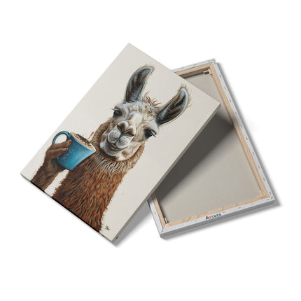 Canvas schilderij details Lama die een Kopje Koffie Vasthoudt