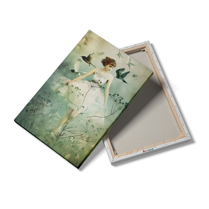 Canvas schilderij details Vrouw in een Witte Jurk met Vogels die Om haar Heen Vliegen