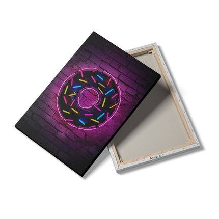 Canvas schilderij details Neon Donut op een Bakstenen Muur
