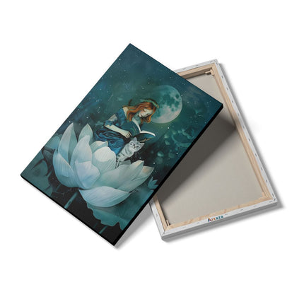 Canvas schilderij details Meisje Leest een Boek over een Lotusbloem