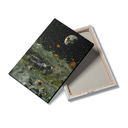 Canvas schilderij details Astronaut die op de Grond ligt met Bloemen