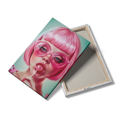 Canvas schilderij details Meisje met Roze haar en Bril Eet een Lolly