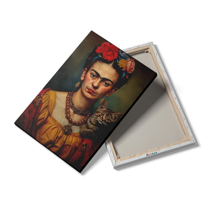 Canvas schilderij details Kunstwerk van Frida Kahlo met een Kat