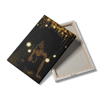 Canvas schilderij details Zwarte Vrouw in een Zwarte Jurk met Gouden Lichten