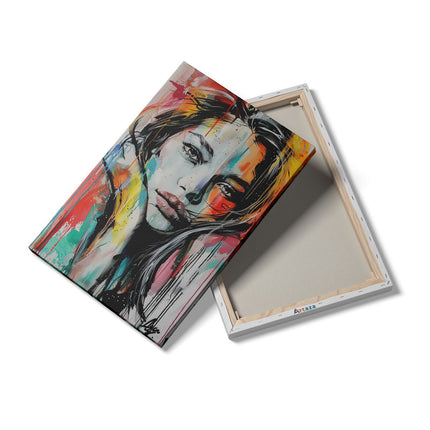 Canvas schilderij details Kunstwerk van een Vrouw met Kleurrijke Spetters op haar Gezicht