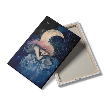 Canvas schilderij details Meisje met Roze haar Slaapt op de Maan