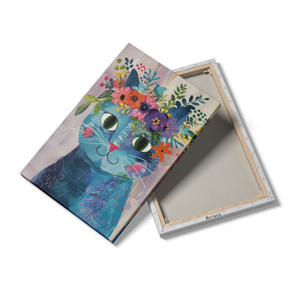 Canvas schilderij details Blauwe Kat met Bloemen op zijn Kop