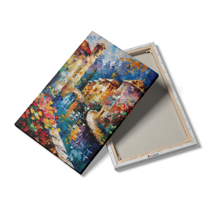 Canvas schilderij details Kunstwerk van een Gracht met Huizen en Bloemen