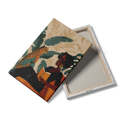 Canvas schilderij details Vrouw die een Boek Leest met een Cheetah