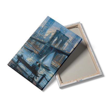 Canvas schilderij details Paar Zittend op een Bankje met Uitzicht op de Brooklyn Bridge