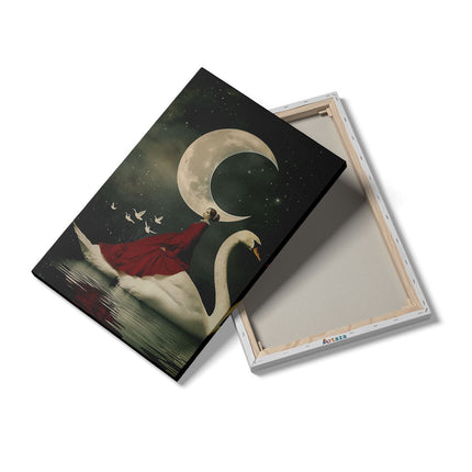 Canvas schilderij details Vrouw in een Rode Jurk die op een Zwaan Rijdt