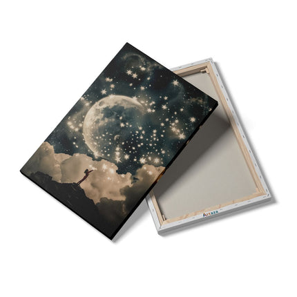 Canvas schilderij details Meisje Kijkt Omhoog naar de Maan en de Sterren