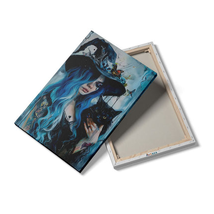 Canvas schilderij details Vrouw met Blauw haar die een Zwarte Kat Vasthoudt
