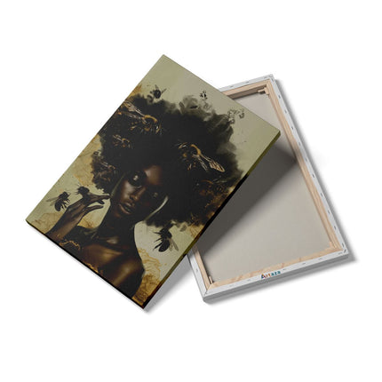 Canvas schilderij details Vrouw met een Afro Omringd door Bijen
