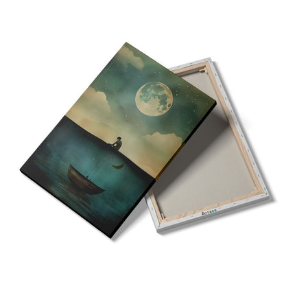 Canvas schilderij details Man zit op een Boot met een Vis in het Water